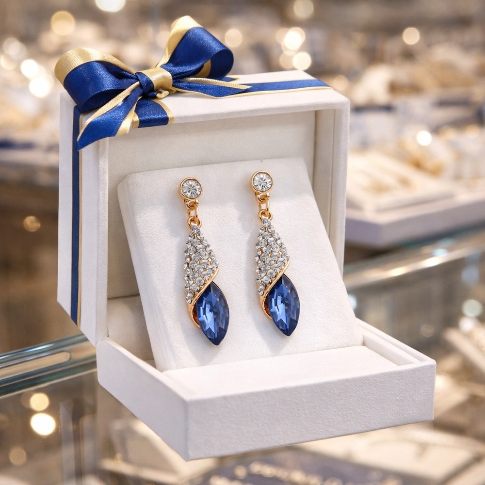 Blue Crystal Gold Tone‎ Drop Earrings Rhinestone Dangle Formal Evening Jewelry
